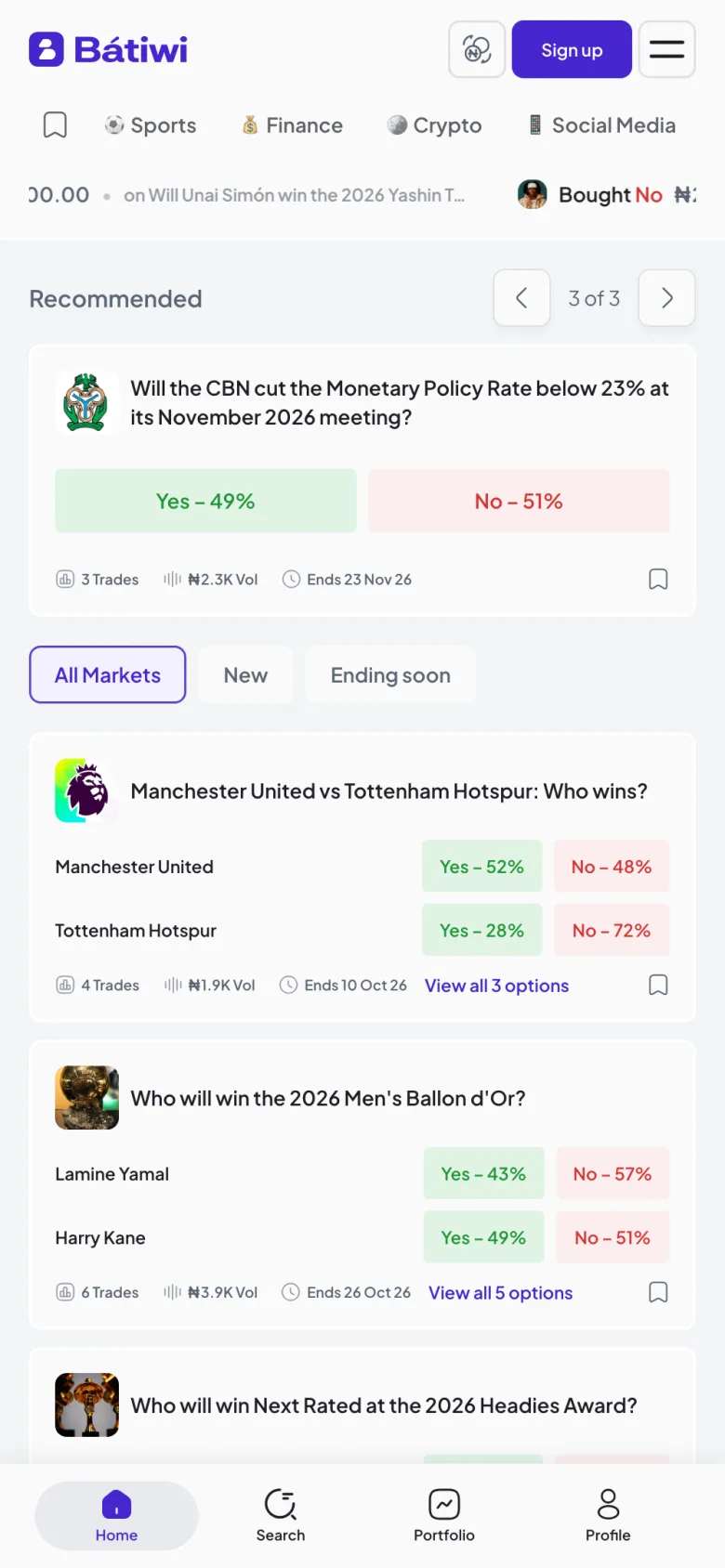 Batiwi home screen listing markets with Yes and No odds